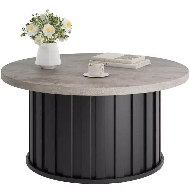 Gray/Retro Round Coffee Table, Mid Century Style, Metal Base, Seats 2