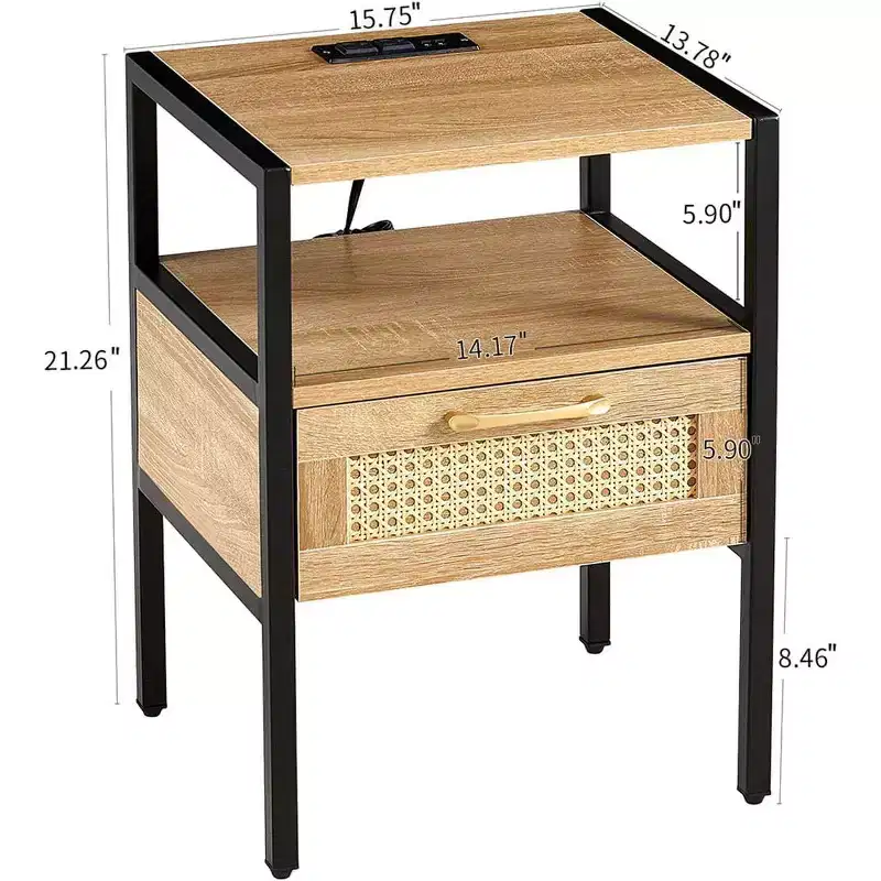 Acekool Rattan Nightstand with Charging Station, Drawer and Open Shelf, Compact Side Table for Bedroom and Living Room, Natural