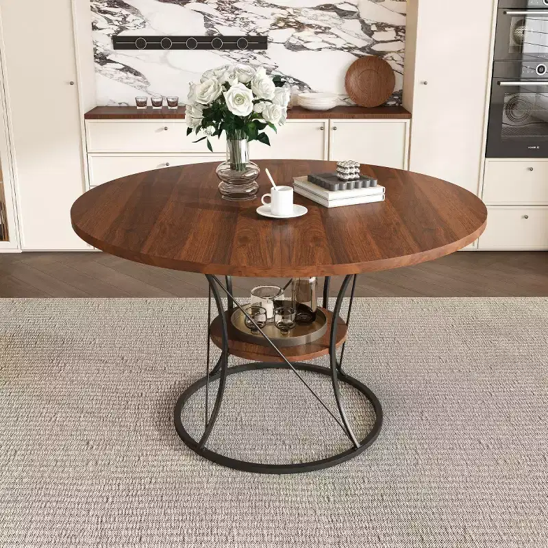 4359 Extendable Round Dining Table for 4-6, Kitchen Table with Storage Shelf and Metal Base for Dining Room