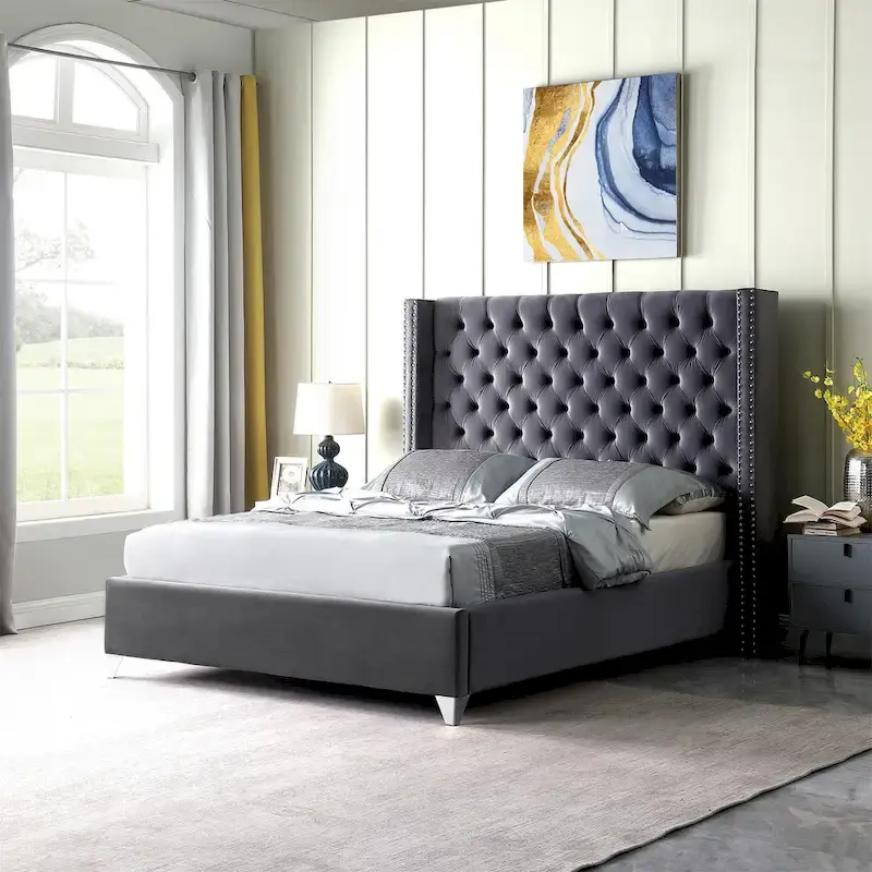 King Velvet Upholstered Bed with Deep Button Tufting