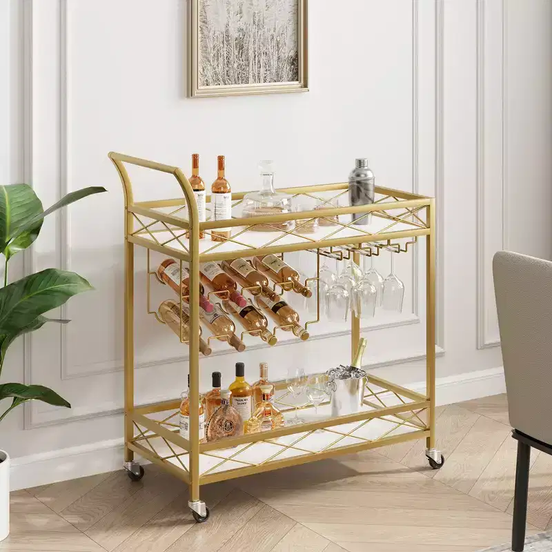 Gold Bar Carts with 2-Tiers Storage Shelves, Mobile Kitchen Seving Carts on Wheels with Wine Rack and Glass Holder for Kitchen, Living Room