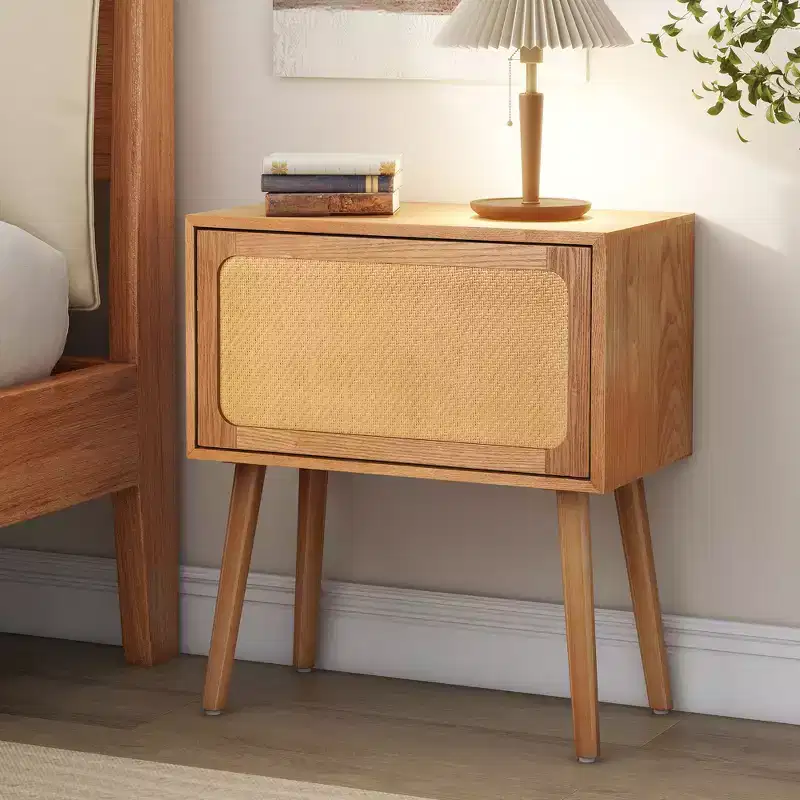 22-inch Swivel Hidden Storage Bedside Table Mid-Century Modern Rattan Wood Leg Side Table Suitable for Bedrooms Natural Finish