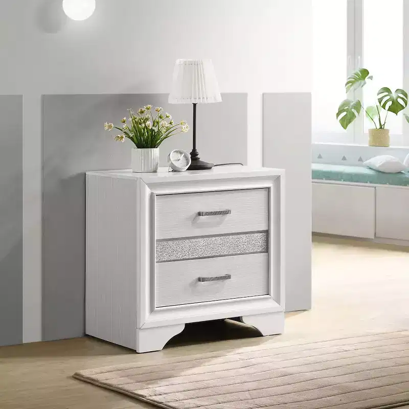 Black / White 2-Drawer Nightstand with Rhinestone Pulls, for 1