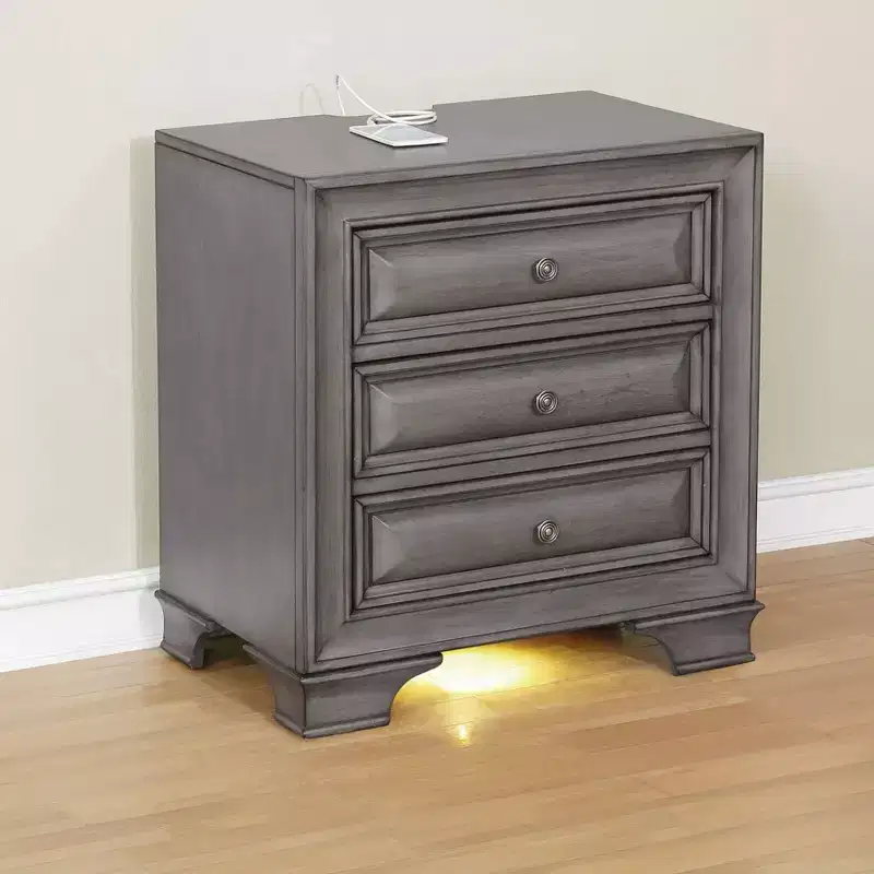 3 Drawers Nightstand with USB Ports: Wooden, Antique Pulls, Cedar