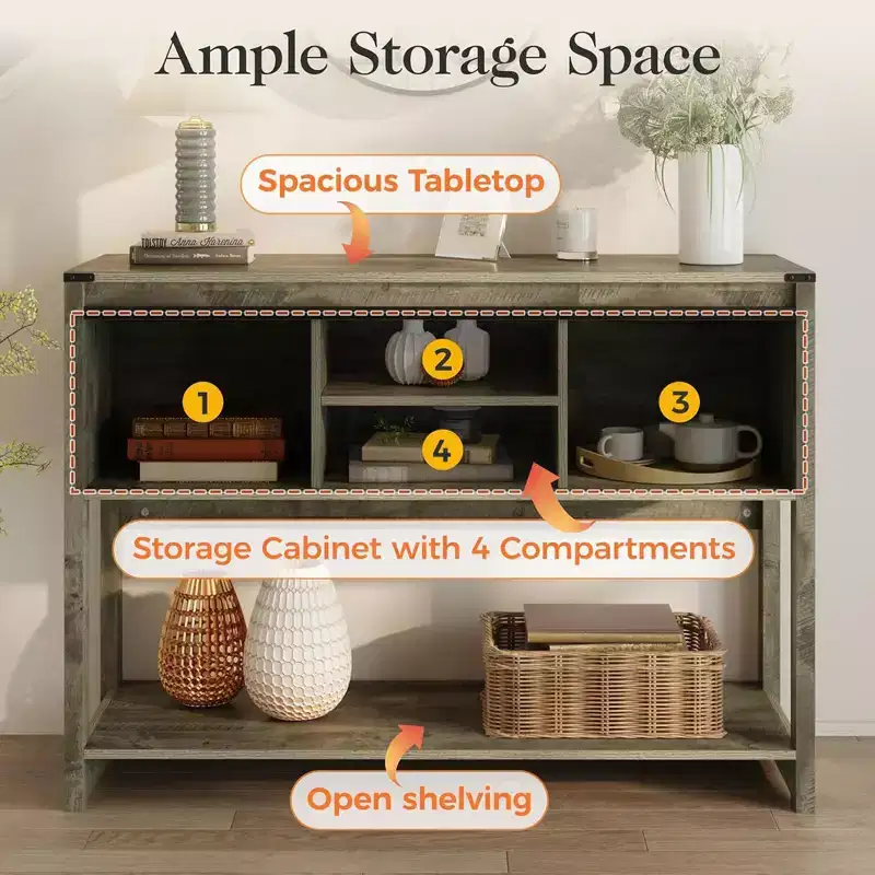 RoyalCraft Farmhouse Entryway Console Table with Storage Shelves, Sliding Barn Door and Spacious Tabletop for Living Room or Foyer, Light Grey
