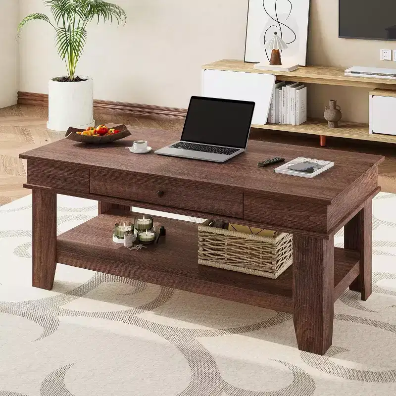 Rustic Rectangular Coffee Table with Sliding Drawer & Open Shelf, Farmhouse Style