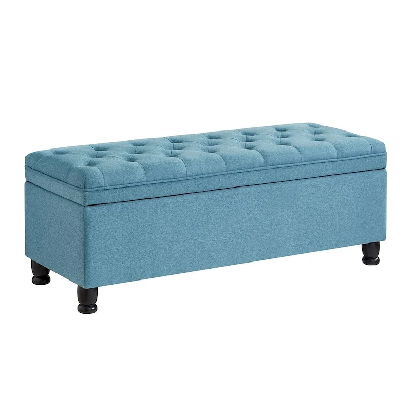 45 Linen Fabric Storage Stool with Spindle Wood Legs