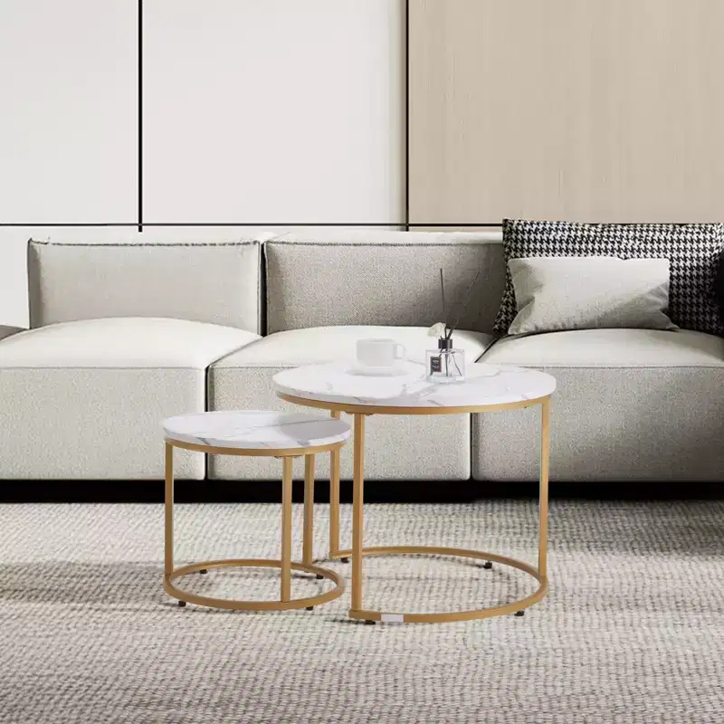 VEVOR Nesting Coffee Table Set of 2, 23.6 in Round Coffee Table, Nesting Tables for Small Place, Vintage End Side Tables Night Stand, White & Gold