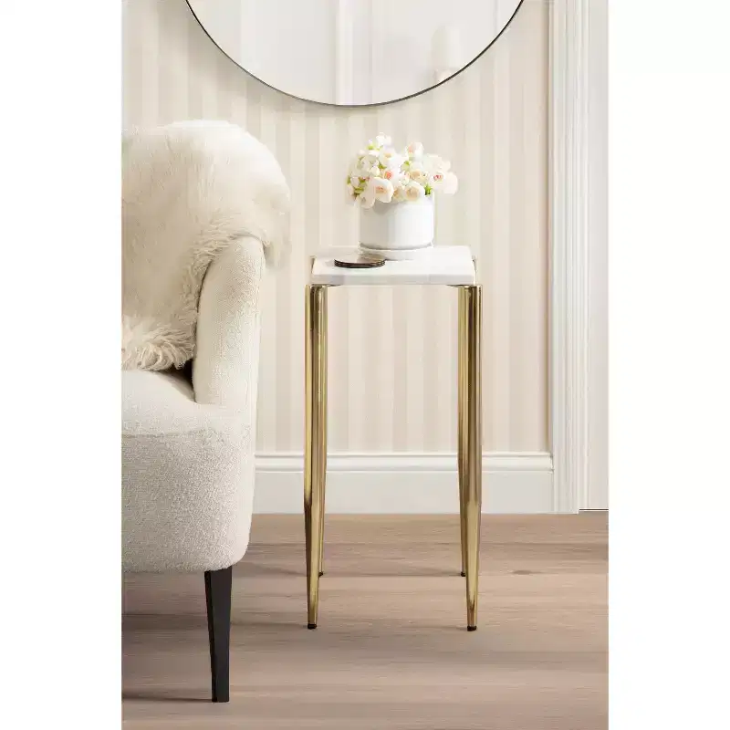 Kate and Laurel LeMaire Marble and Metal Drink Table, White and Gold, 12x12x24