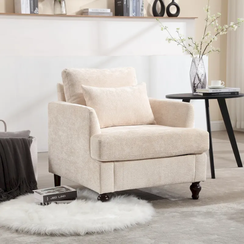 Beige 29.53 Chenille Upholstered Arm Chair with Solid Wood Frame and Cushions