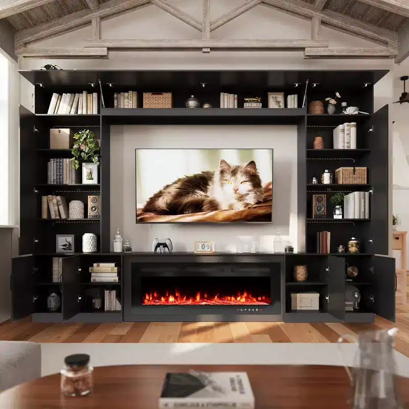 112Large Wall Unit Entertainment Center With Fireplace And LED Lights