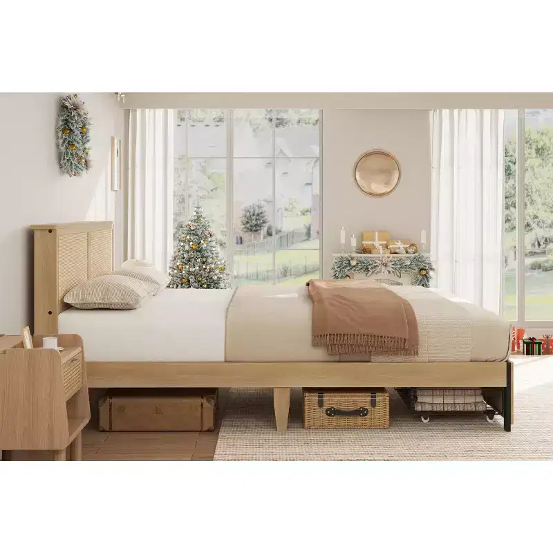 Natural Rattan Queen Platform Bed Frame with Storage Drawers, Wood Slats | 1-Person