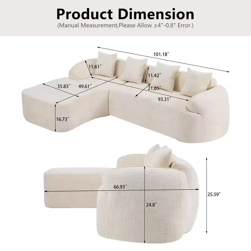 Clihome High-Elastic Chenille L-Shaped Sofa - Curved Armrests & 4 Free Pillows Included