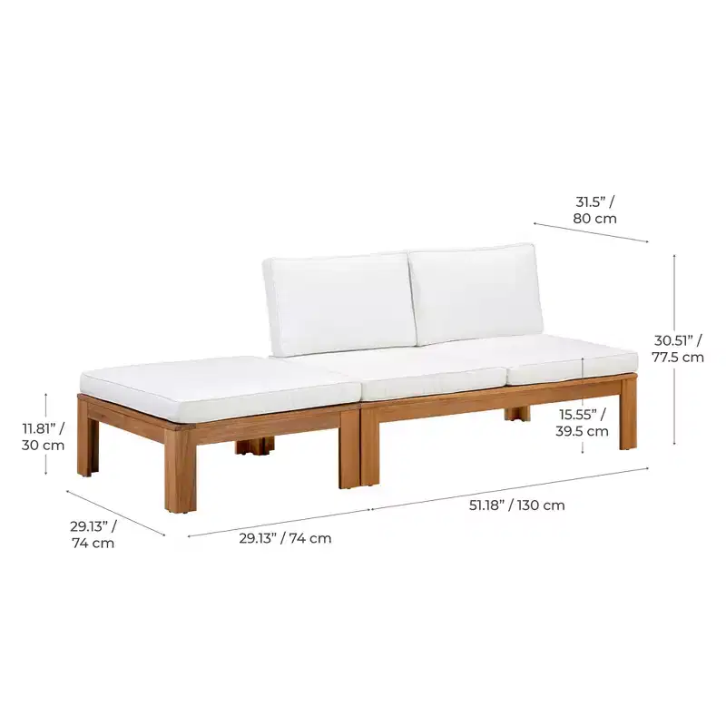 2 Piece Modular Sofa Set & Chaise Lounge Convertible with Natural Wood Finish - Teamson Home: Solid Acacia Frame & Outdoor Weather Resistant Cushions
