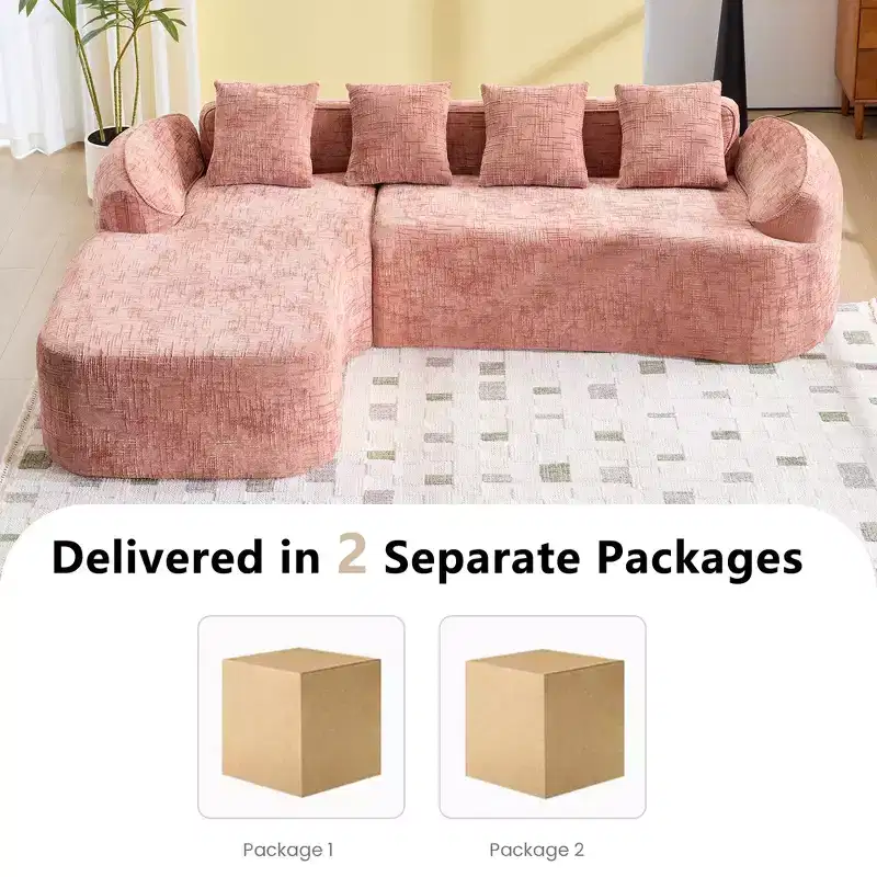 Clihome High-Elastic Chenille L-Shaped Sofa - Curved Armrests & 4 Free Pillows Included