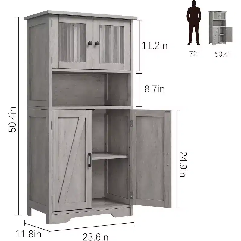 Acekool 54 Farmhouse Bathroom Cabinet with Glass Doors, Adjustable Shelves & Freestanding Storage  Pantry for Kitchen, Living & Dining Room