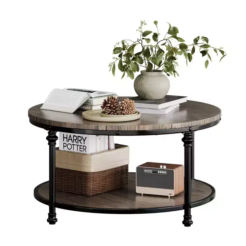 GustoWave Round Coffee Table, 2-Tier Rustic Wood Coffee Table with Storage Shelf for Home, Apartment, Small Spaces