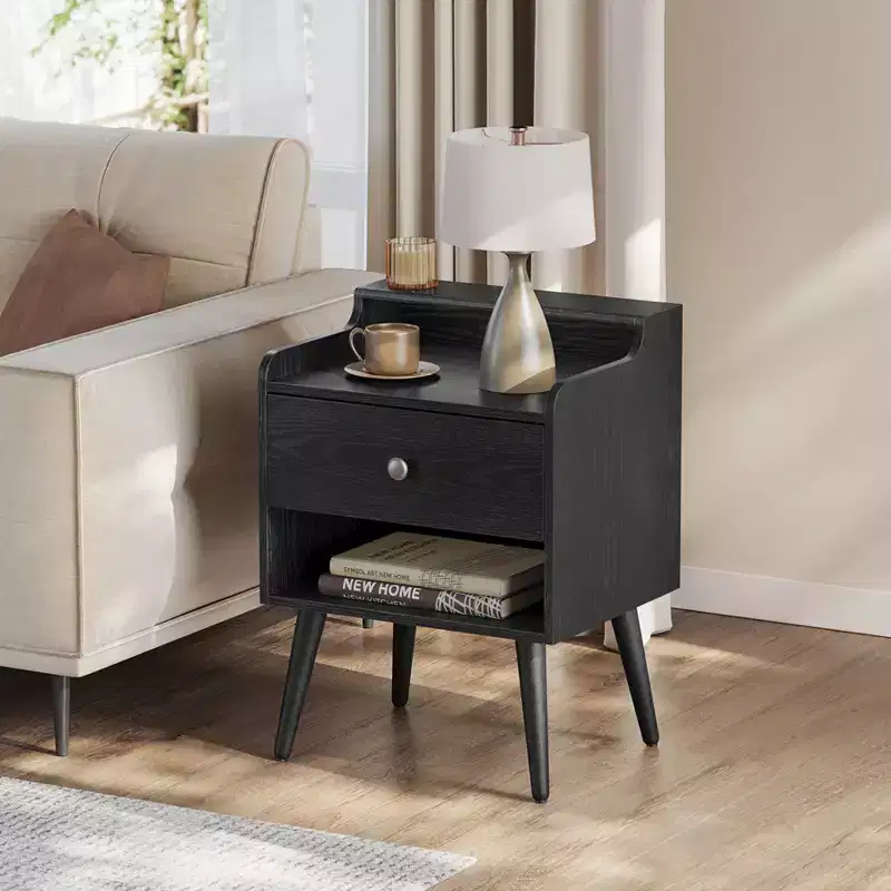 Nightstands, Set of 2, Bedside Tables with Hidden Drawers, Mid-Century End Tables with Solid Wood Legs