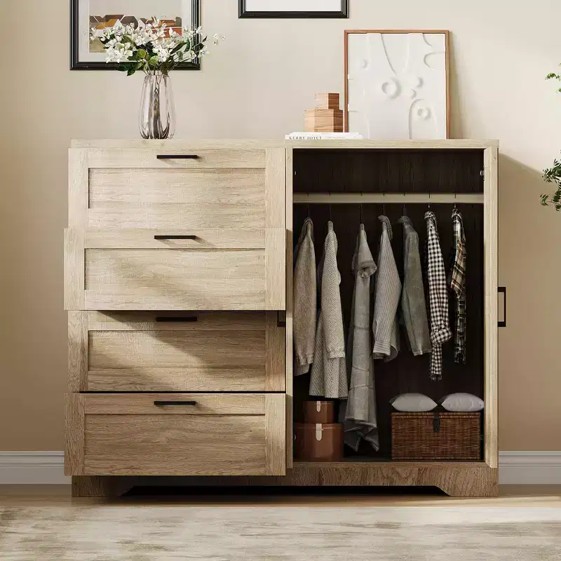 43.3 H Wooden Dresser, Multifunctional Low Wardrobe Armoire with 4 Drawers & Hanging Rod, Storage Cabinet for Bedroom Living Room