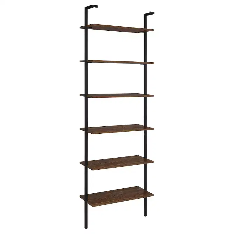 Walnut 6-Shelf Wall Bookcase, Black Metal Frame, 96