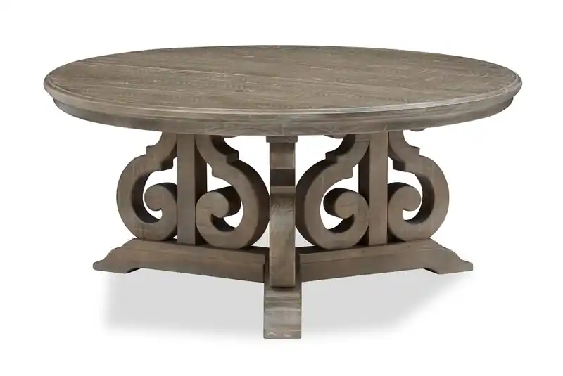 40 Traditional Round Coffee Table - Grey-Brown Pine with Scroll Design Base