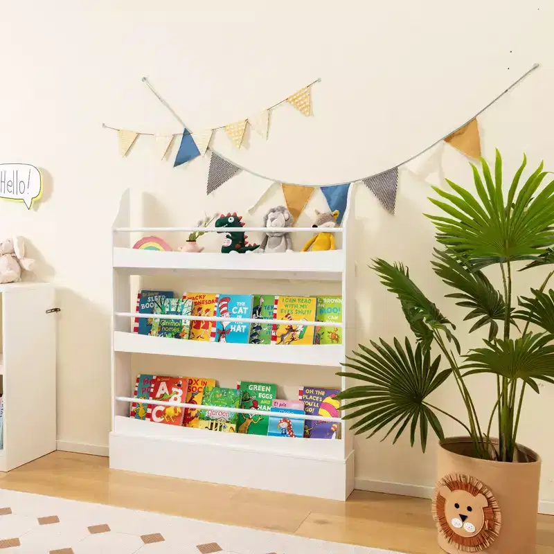 3-Tier Kids Bookshelf Toy Storage Bookcase Rack Wall w/ Anti-toppling Kits