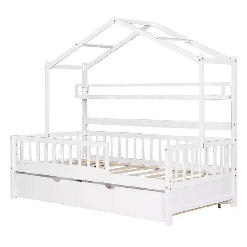 Luxystar Wood House Bed Frame with Trundle and Shelves, White