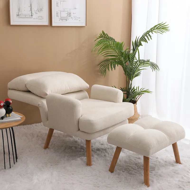 Accent Chair with Ottoman Set, Fabric Armchair with Wood Legs and Adjustable Backrest , Mid Century Modern Comfy Lounge Chair