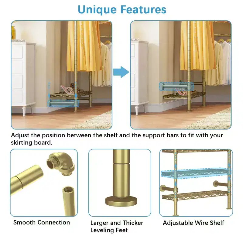 Timate F3 Garment Rack Heavy Duty Clothes Rack Expandable Industrial Pipe Wall Mounted Clothing Racks Wardrobe Closet Kit , Gold