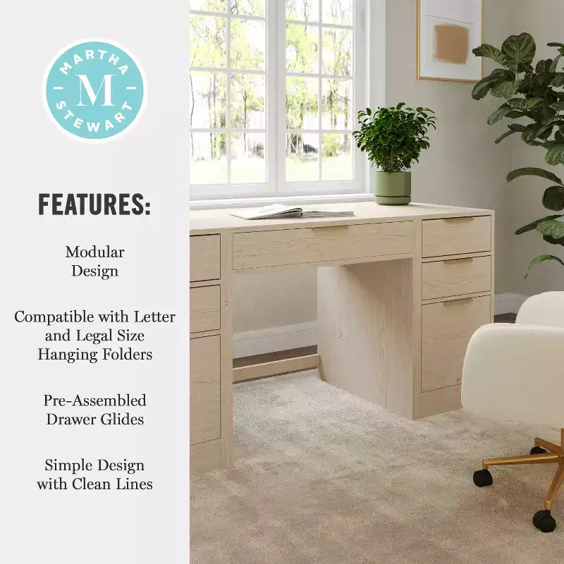 Modular Home Office Desk with Single Drawer & Dual 3-Drawer File Cabinets, Wood Composite