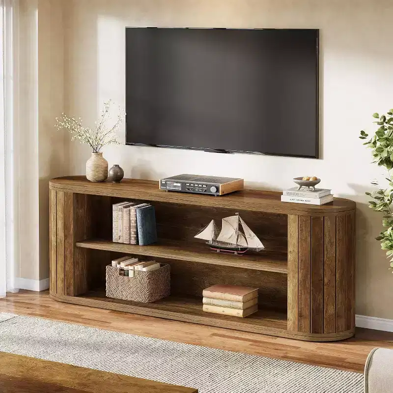 63-Inch Farmhouse TV Stand for TVs up to 75 Inches, 3-Tier Storage Shelf, Brown