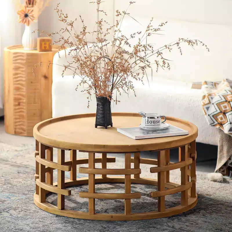 GDFStudio Jovren 31.5 Rustic Wooden Round Coffee Table with Open-Frame Base