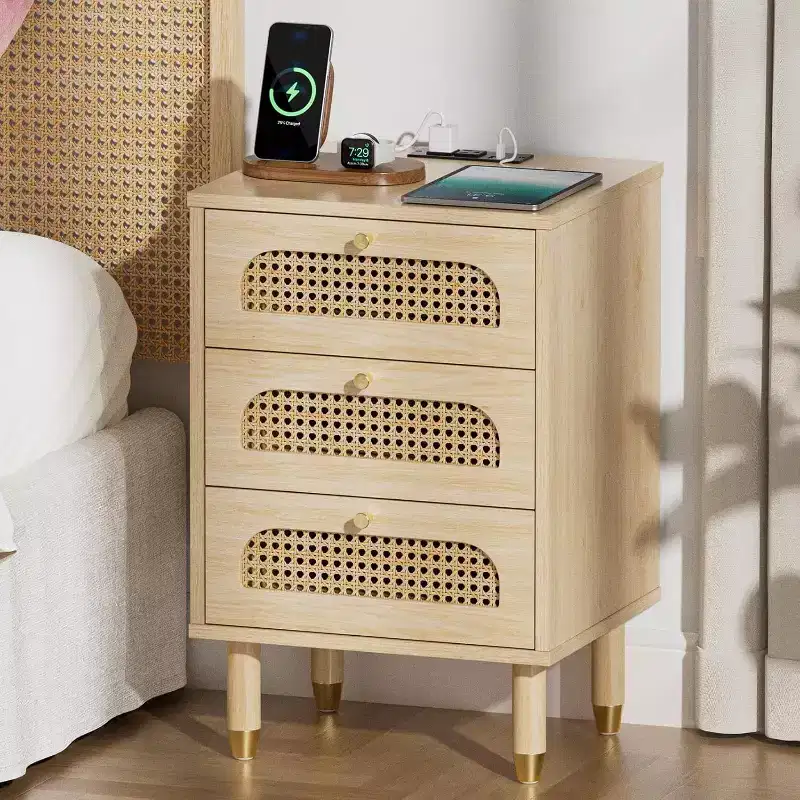 Nightstand, Rattan Night Stand 3 Drawer Bed Side Table, Boho End Table