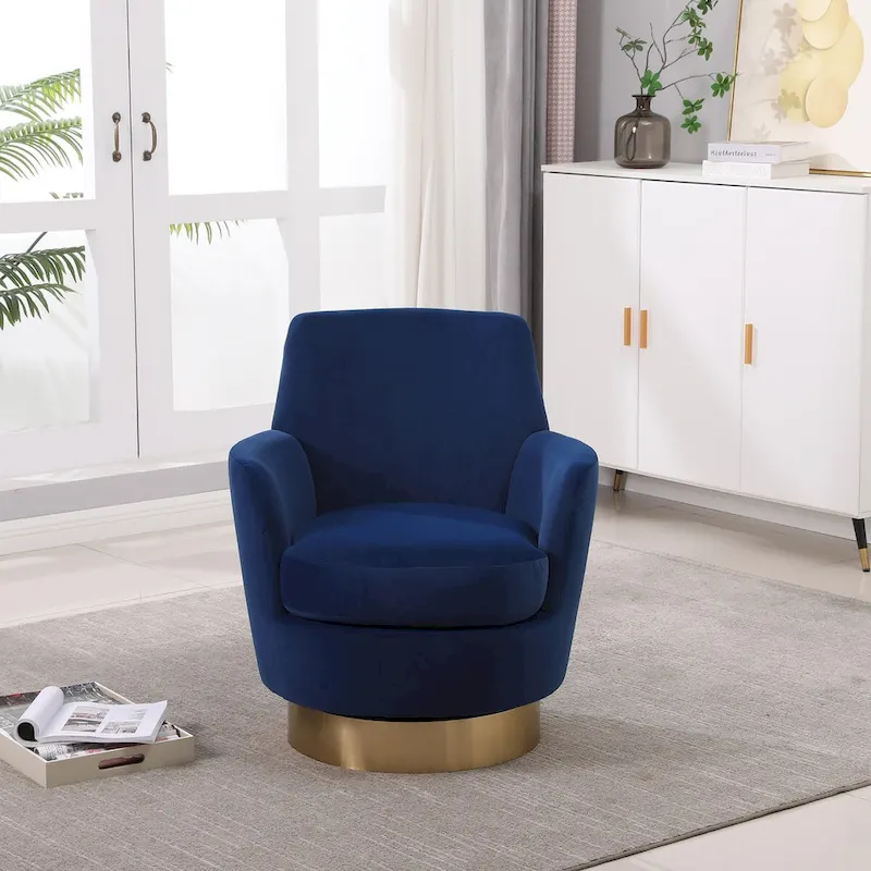 Velvet Swivel Barrel Chair, Swivel Accent Chairs Armchair, Reading Chairs, Round Barrel Chairs with Gold Stainless Steel Base