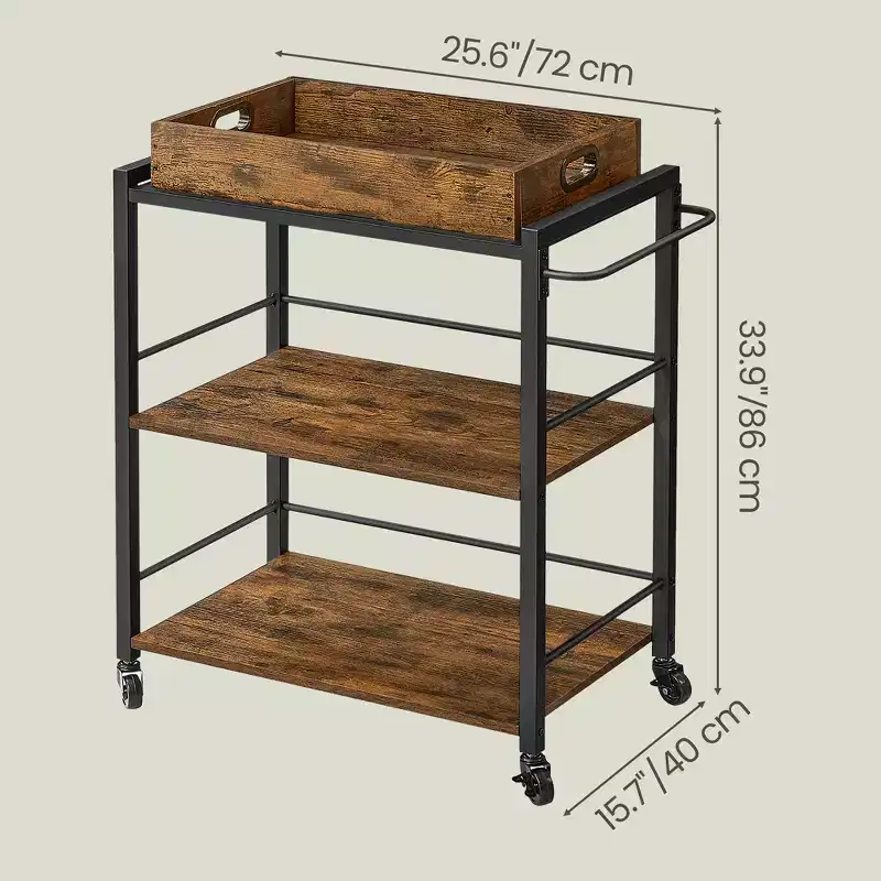 3-Tier Bar Cart, Serving Cart With Wheels And Handle, Beverage Cart. Kitchen Serving Cart with Removable Tray