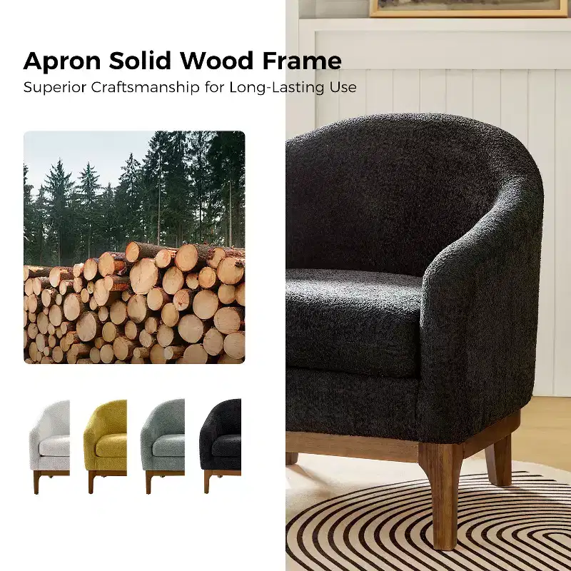 Boucle Barrel Armchair Set of 2 Solid Wood Legs High-Density Foam Dual-Sided Cushion