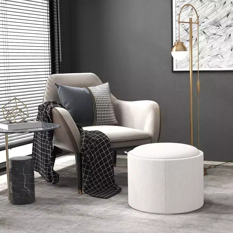 Round Storage Ottoman Coffee Table with Flip Top Tray, Linen Fabric Upholstered Footstool with Hidden Compartment