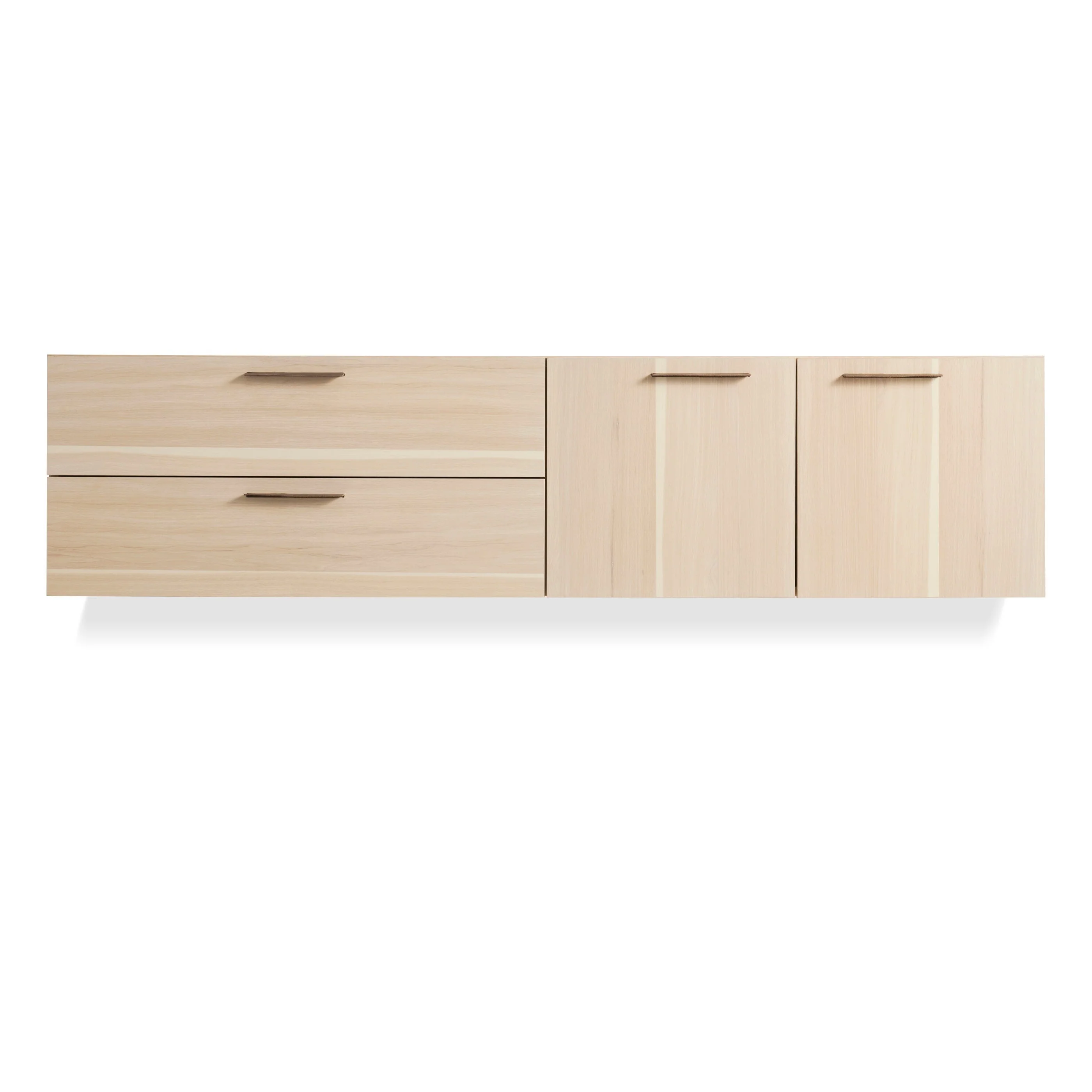 Warm Light Wood Wall Cabinet with Leather Pulls for Living Room