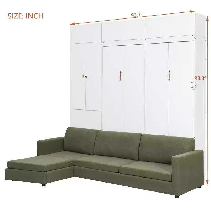 Queen Murphy Wall Bed with Beige Sofa and Shelves, Green Panel