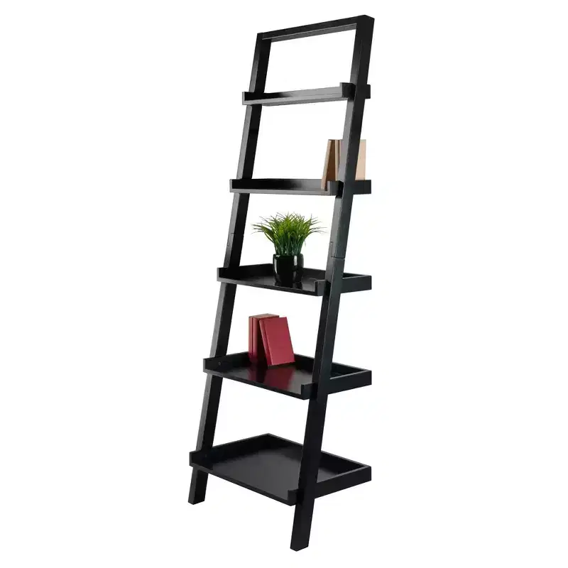 Black 5-Tier Leaning Shelf – Contemporary Wood Bookcase for 1