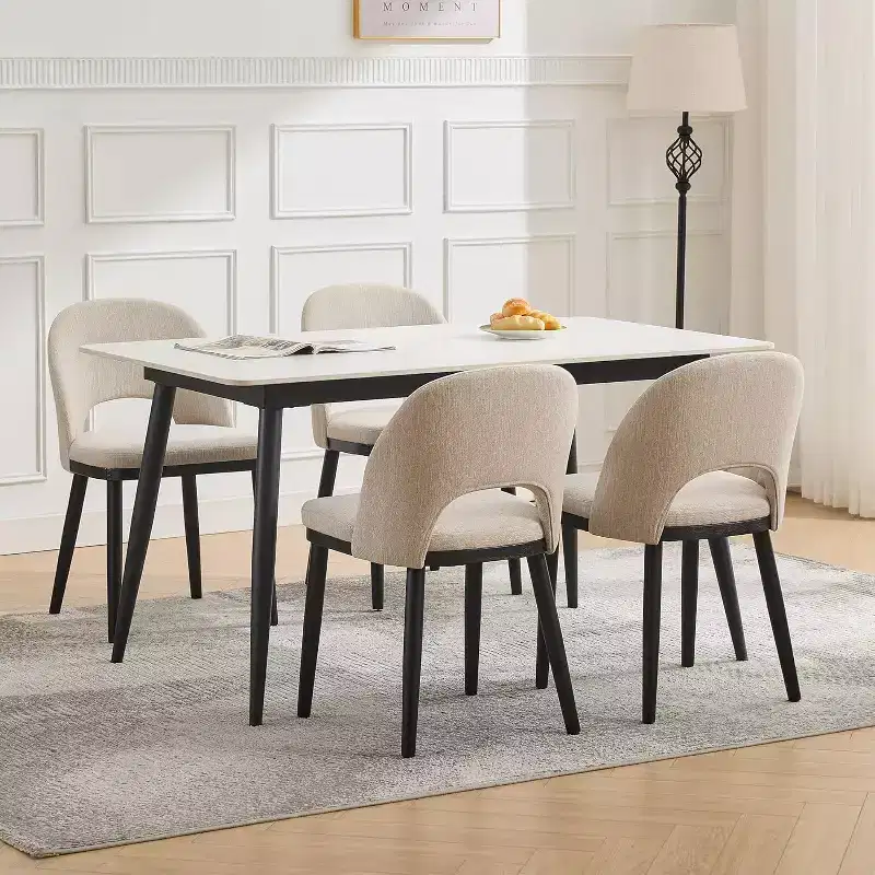 Wooden Dining Chair, Upholstered Kitchen Dining Room Chair, Modern Linen Fabric, High Back, Beige