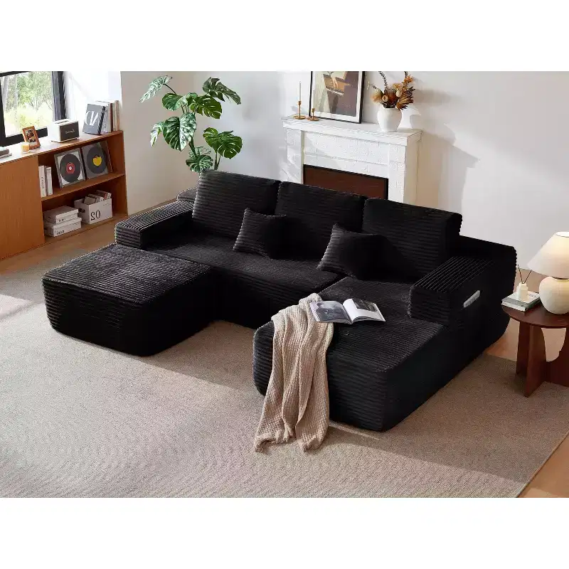 104Cloud Sectional Sofa,U-Shaped Chaise,Deep Seat,Side Pockets,Plush Fabric,No Assembly,Black,Right Facing