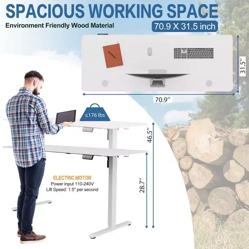 Celebalcony 71'' Adjustable Height Standing Office Desk, Computer Desks with Memory Preset, Splice Tabletop, White Frame