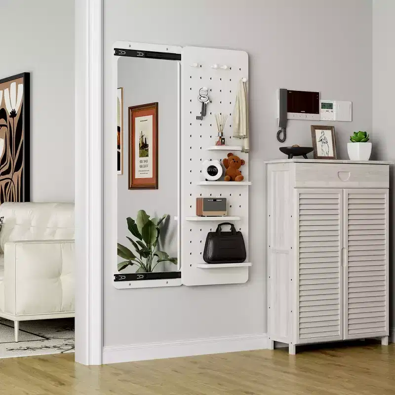 Wall Mounted Full Length Mirror, Full Body Mirror with Shelf, Full Body Mirror with Hook Wall Mounted Mirror with Multifunctional Design Panel