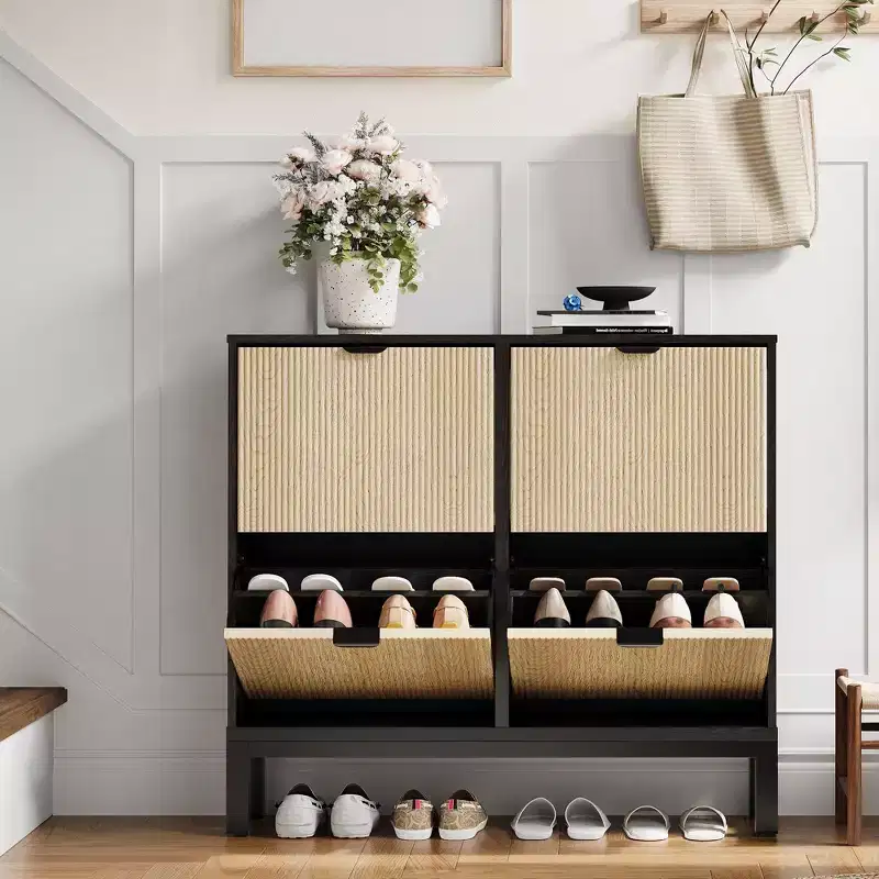 Wooden Fluted Shoe Storage Cabinet with 4 Flip Drawers, Narrow with Metal Legs, Modern Farmhouse Hidden Shoe Rack for Entryway, Hallway