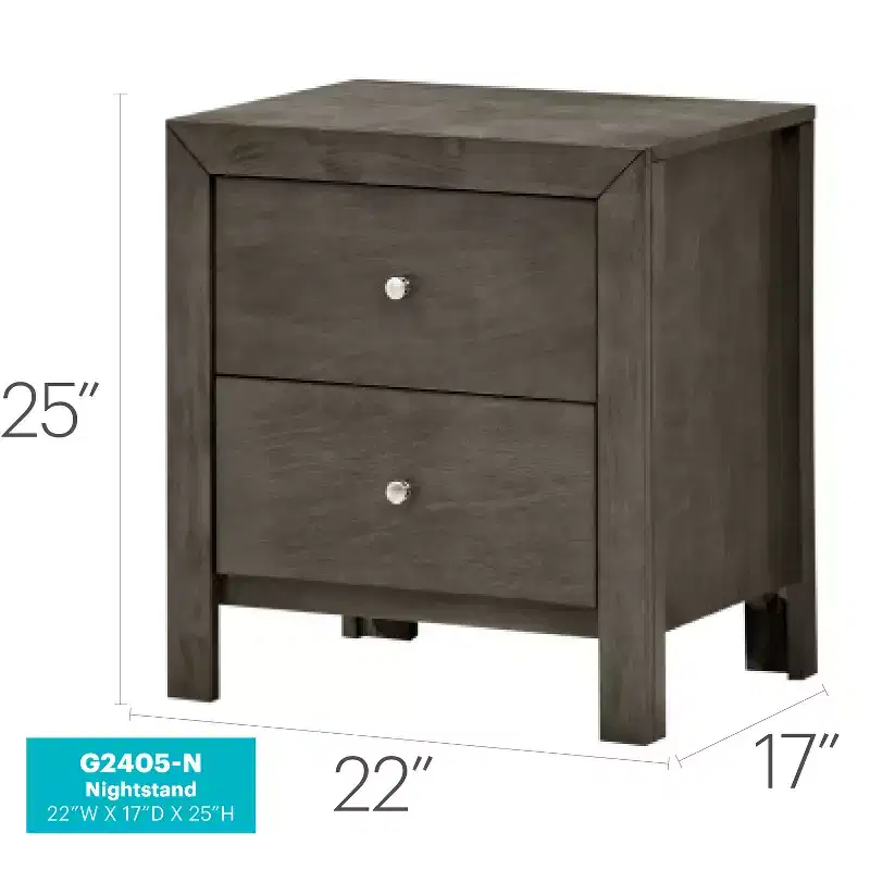 Grey Nightstand 25x22x17 with Two Spacious Drawers, Compact Bedside Table for Bedroom Storage and Transitional Style Decor
