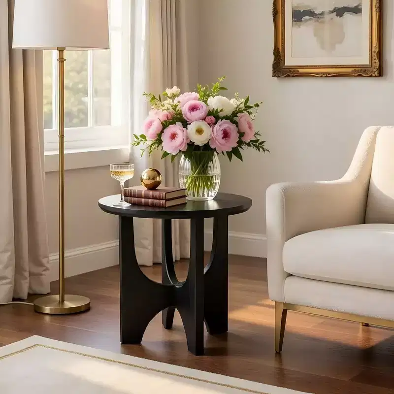 Sara Round Side End Table, 20 Inch Solid Mango Wood Top in Matte Black with Curved legs
