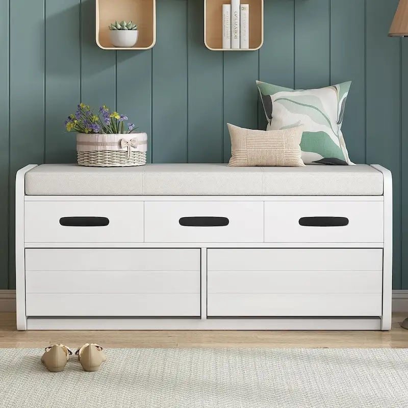 Storage Bench with 2 Drawers, Hidden Compartment & Removable Cushion – White / Navy / Espresso / Natural Wood, MDF & Acacia, 1-Person Seating