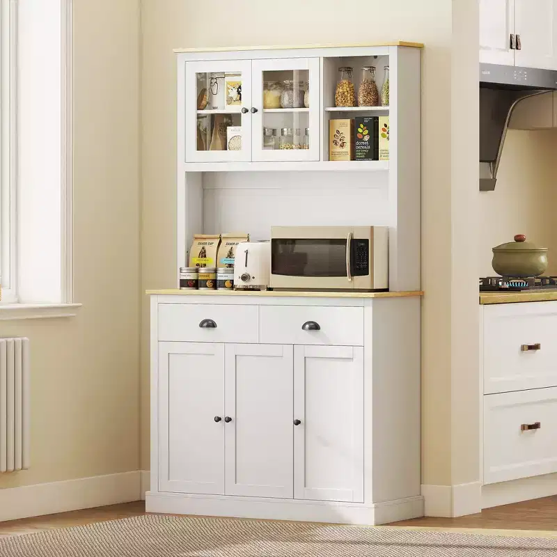 Freestanding Tall Pantry Cabinet with Wide Countertop & Adjustable Shelves, Modern Kitchen Hutch