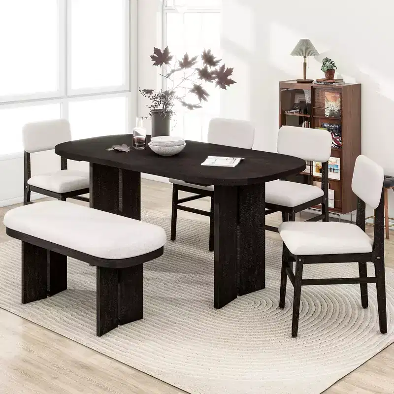 6 Piece Dining Table Set Dining Set Kitchen Table Set with Upholstered Chairs and Bench, Farmhouse Rustic Style, Natural/Espresso-ModernLuxe